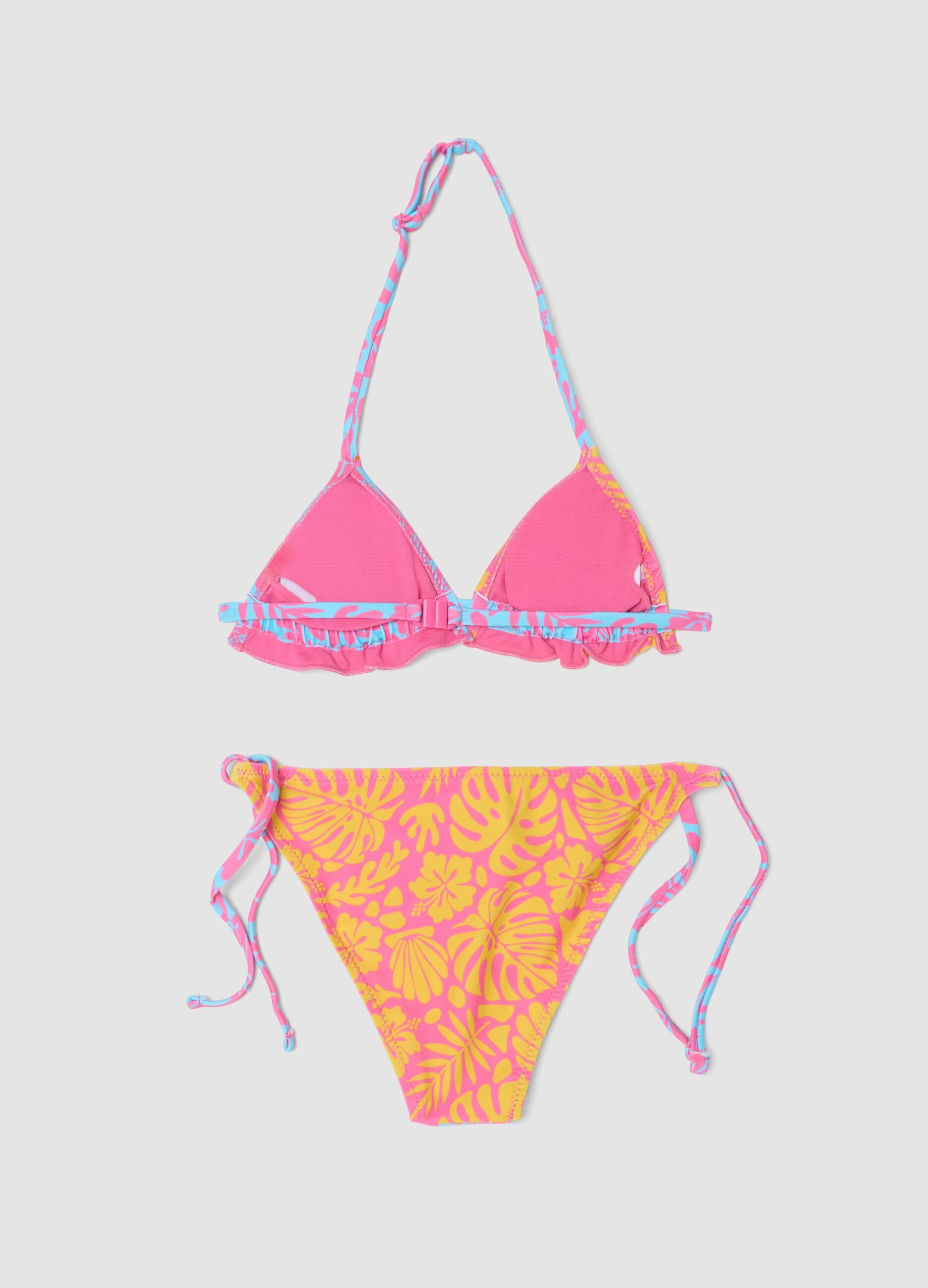 Pink stretchy bikini with tropical print