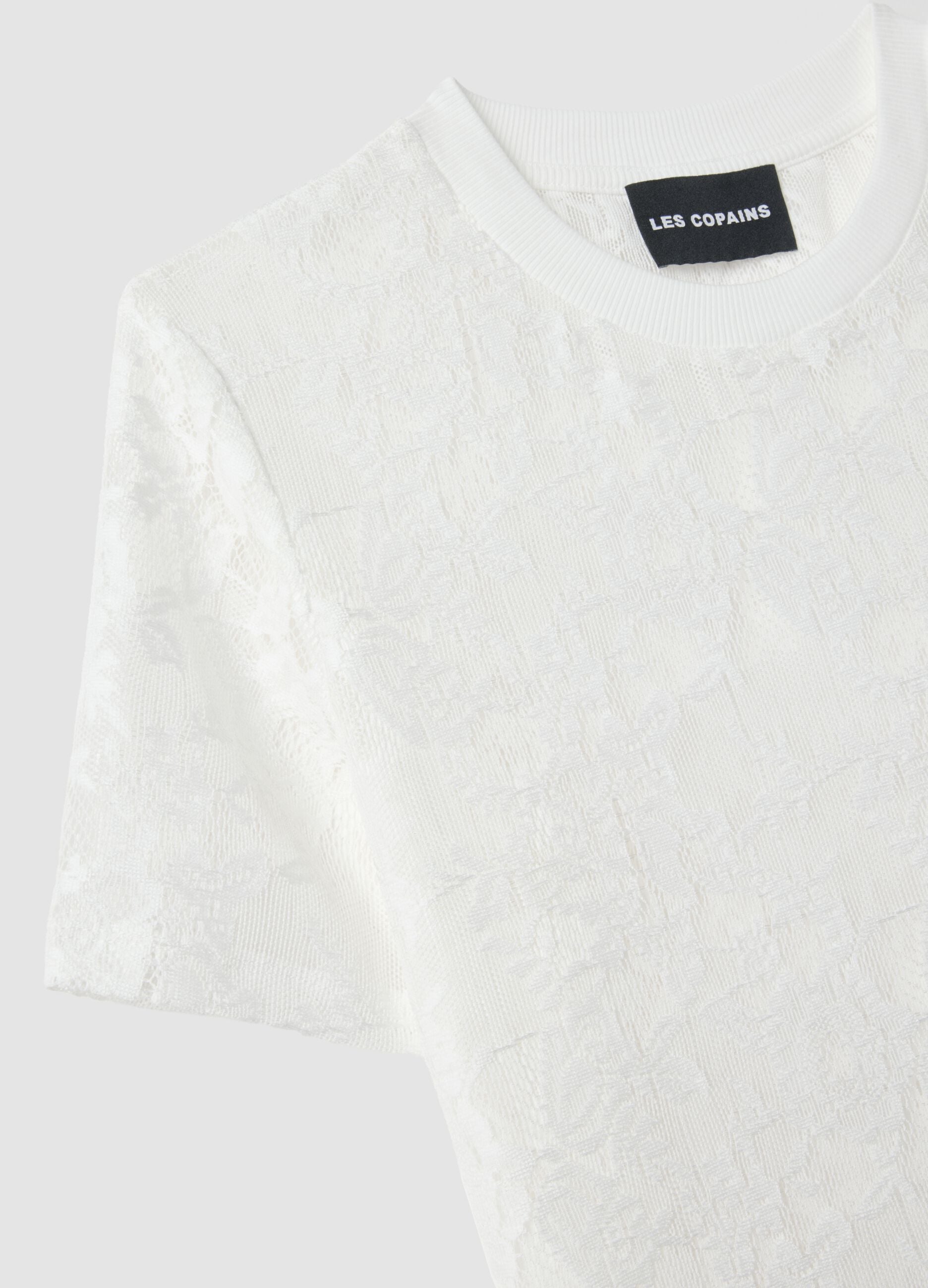White regular fit t-shirt with floral net pattern