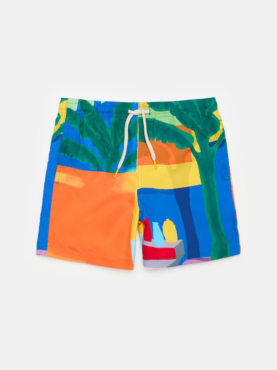 Swimming trunks with drawstring and landscape print_0