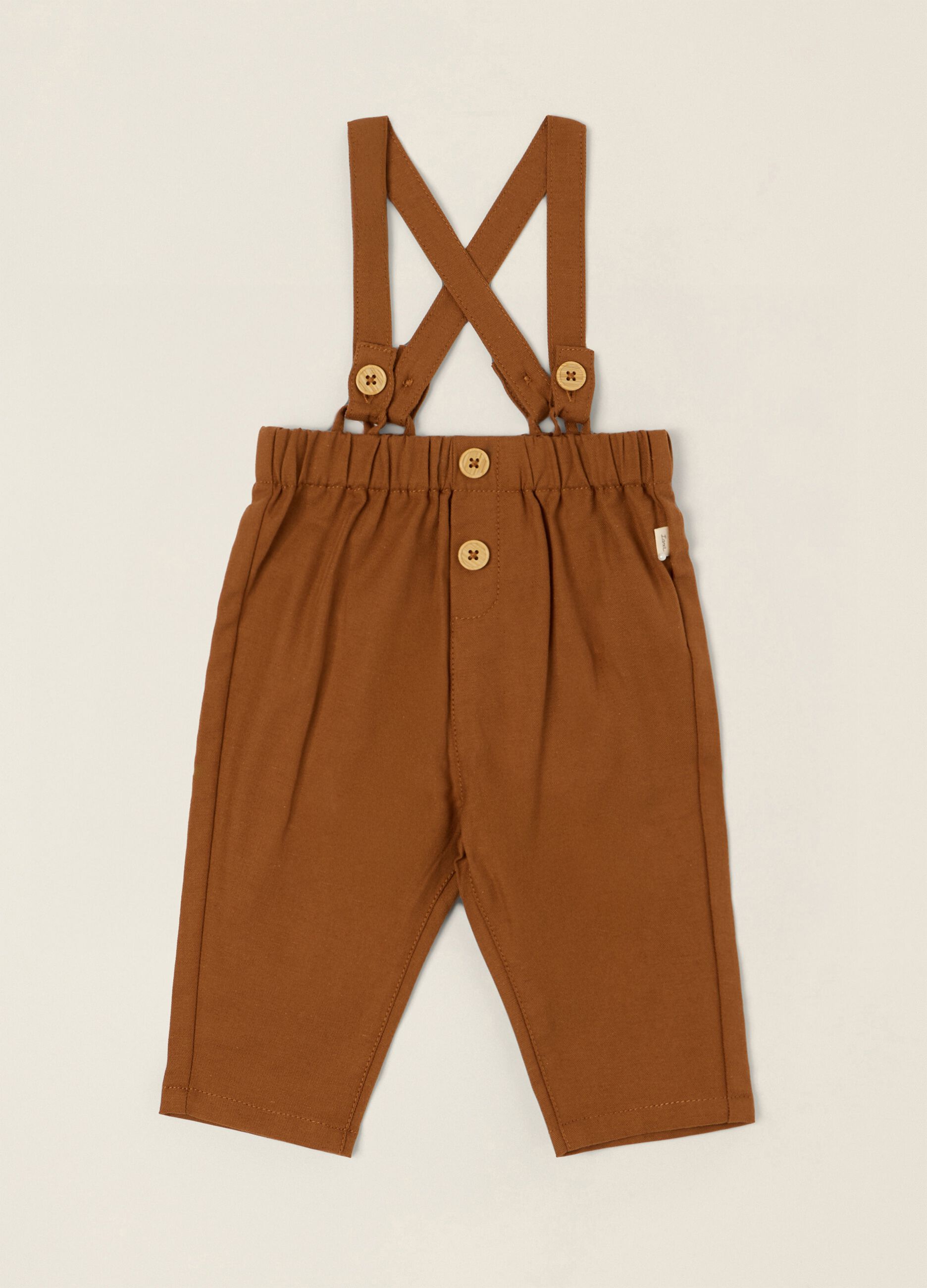 Brown cotton-linen blend trousers with suspenders