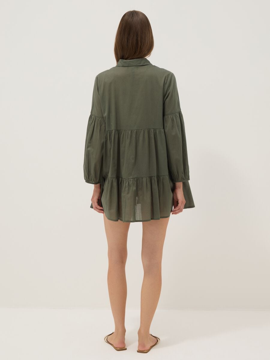 Green pure organic cotton kaftan with ruffles and broderie inserts_3