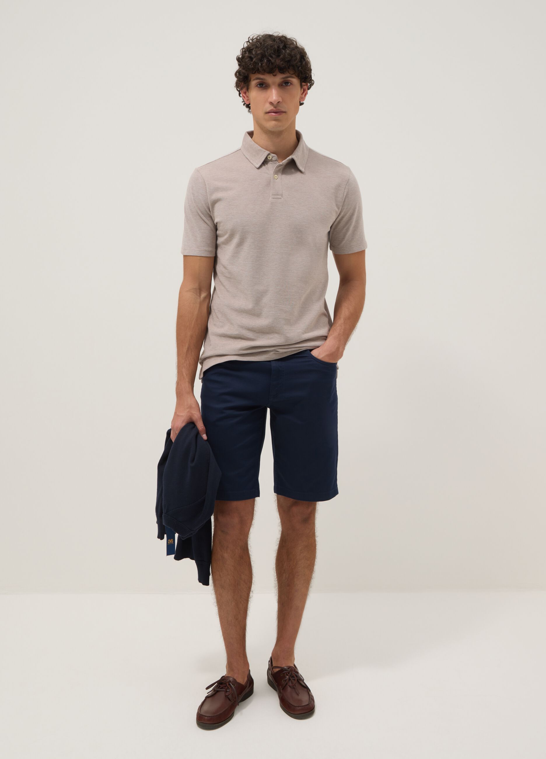 Beige pure cotton short-sleeved polo shirt