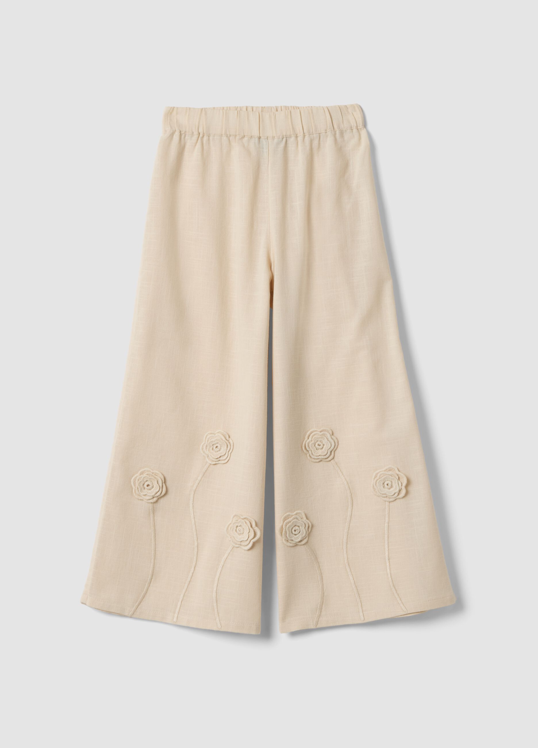 Girl's wide leg beige cotton trousers with floral embroidery