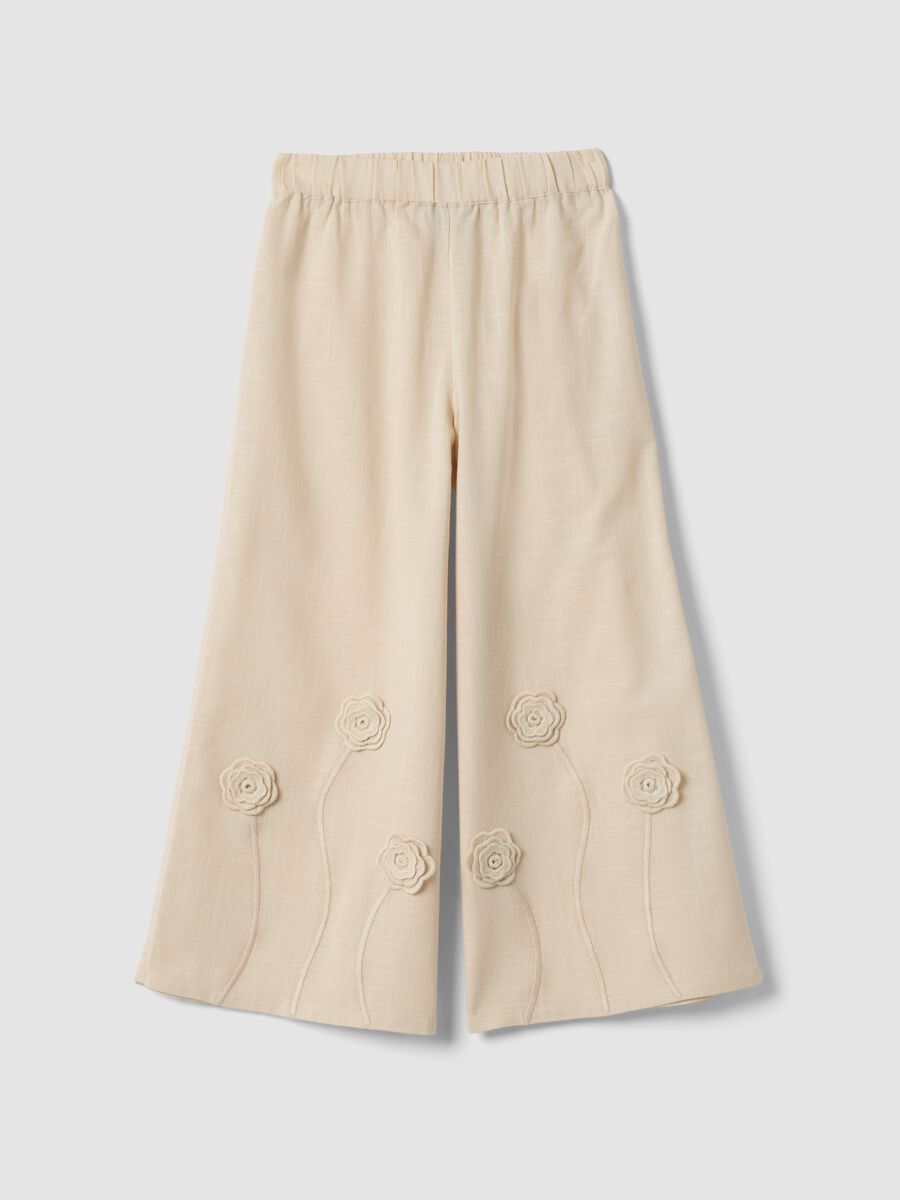 Girl's wide leg beige cotton trousers with floral embroidery_0