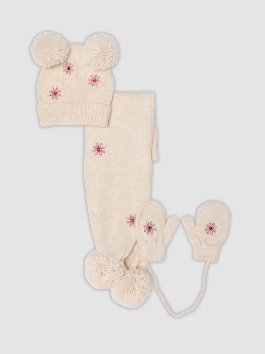 Set cappello, sciarpa e muffole beige in tessuto elasticizzato_0