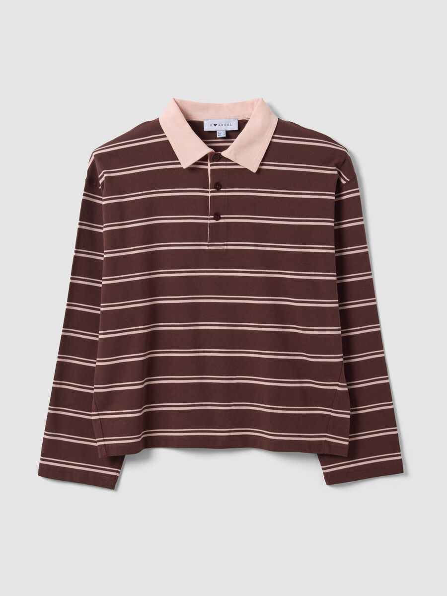 Brown striped long-sleeve pure cotton polo shirt, regular fit_0