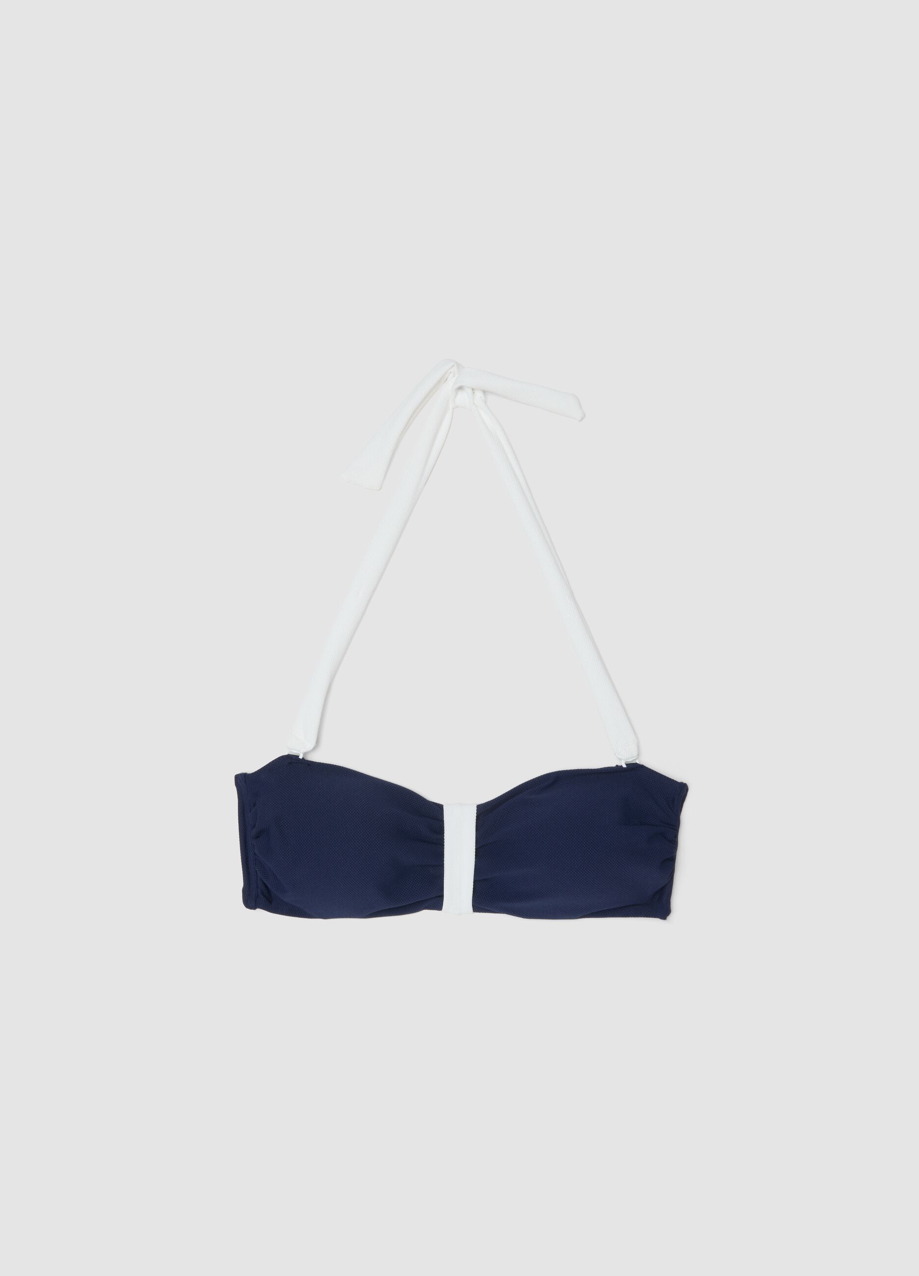 Blue and white bandeau bikini top in stretch fabric