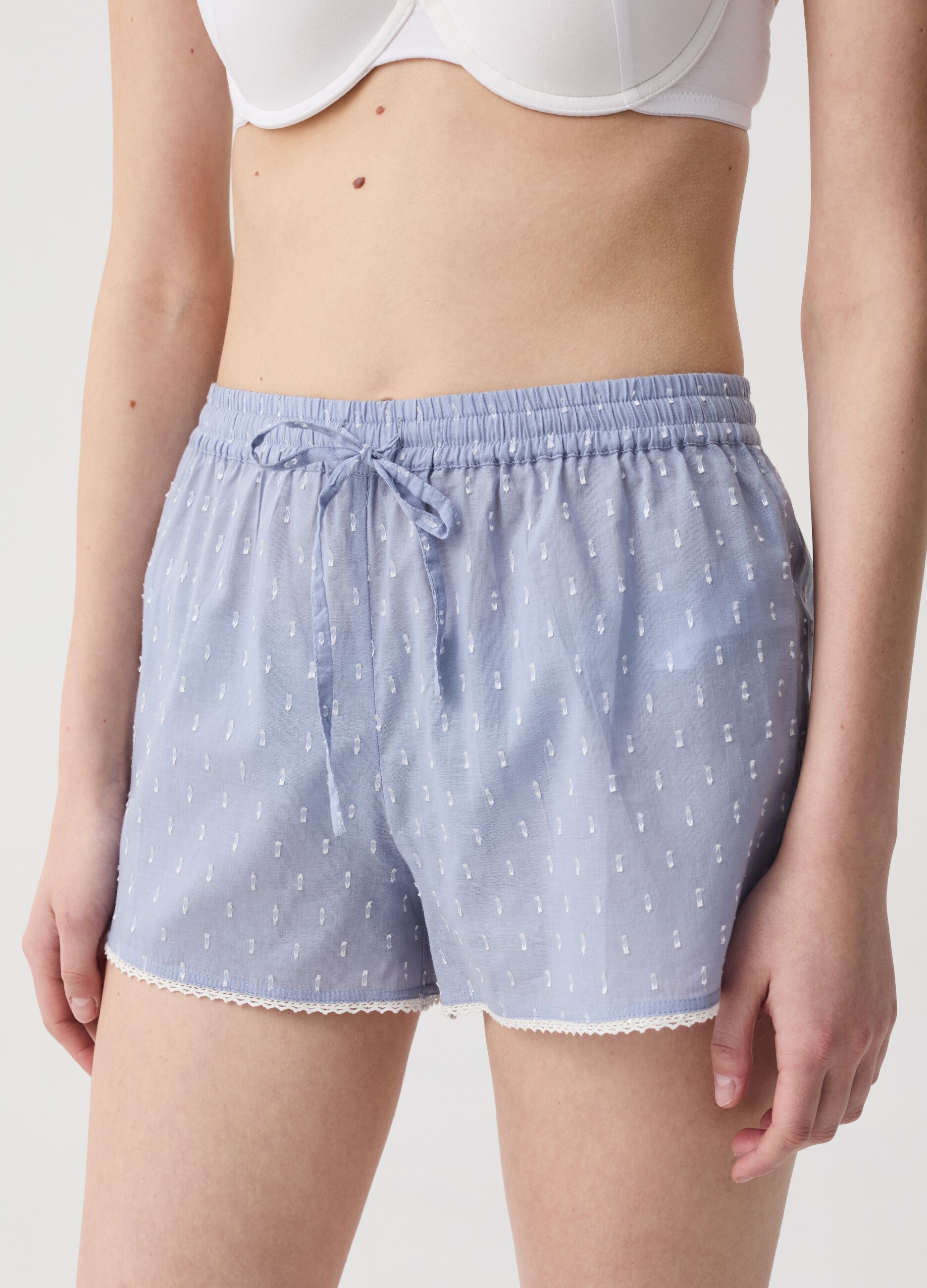 Shorts pijama de algodón dobby con puntilla