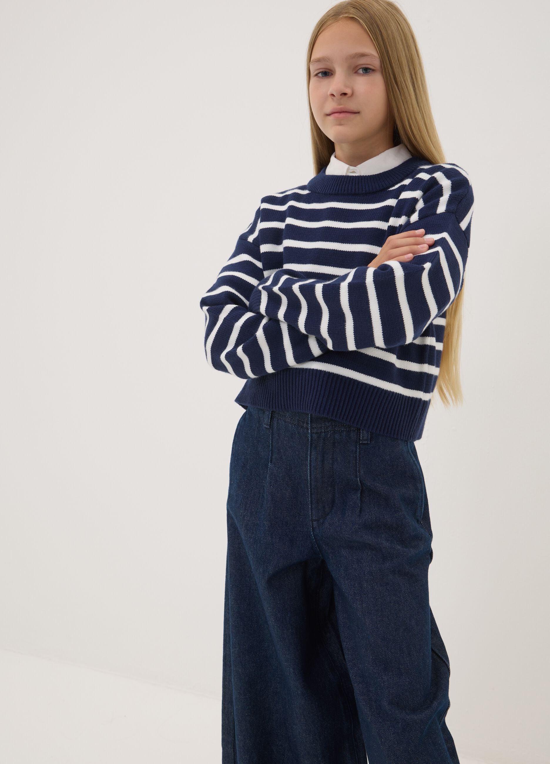 Blue striped viscose-blend crew-neck jumper