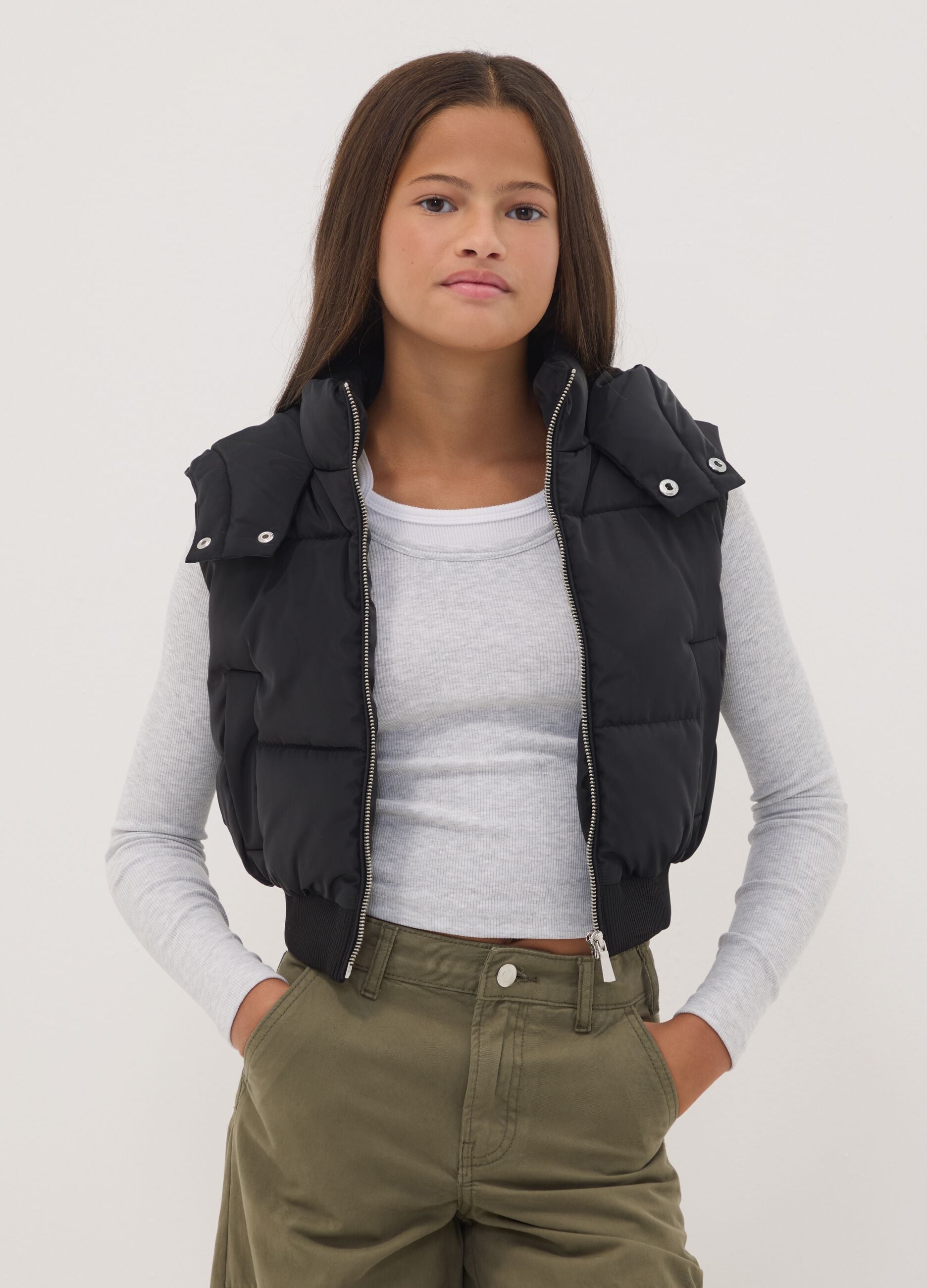 Black padded gilet with hood and zip