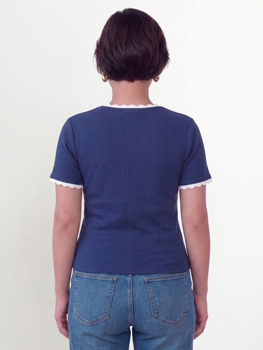 Blue stretch viscose crew-neck T-shirt with contrast trim_3