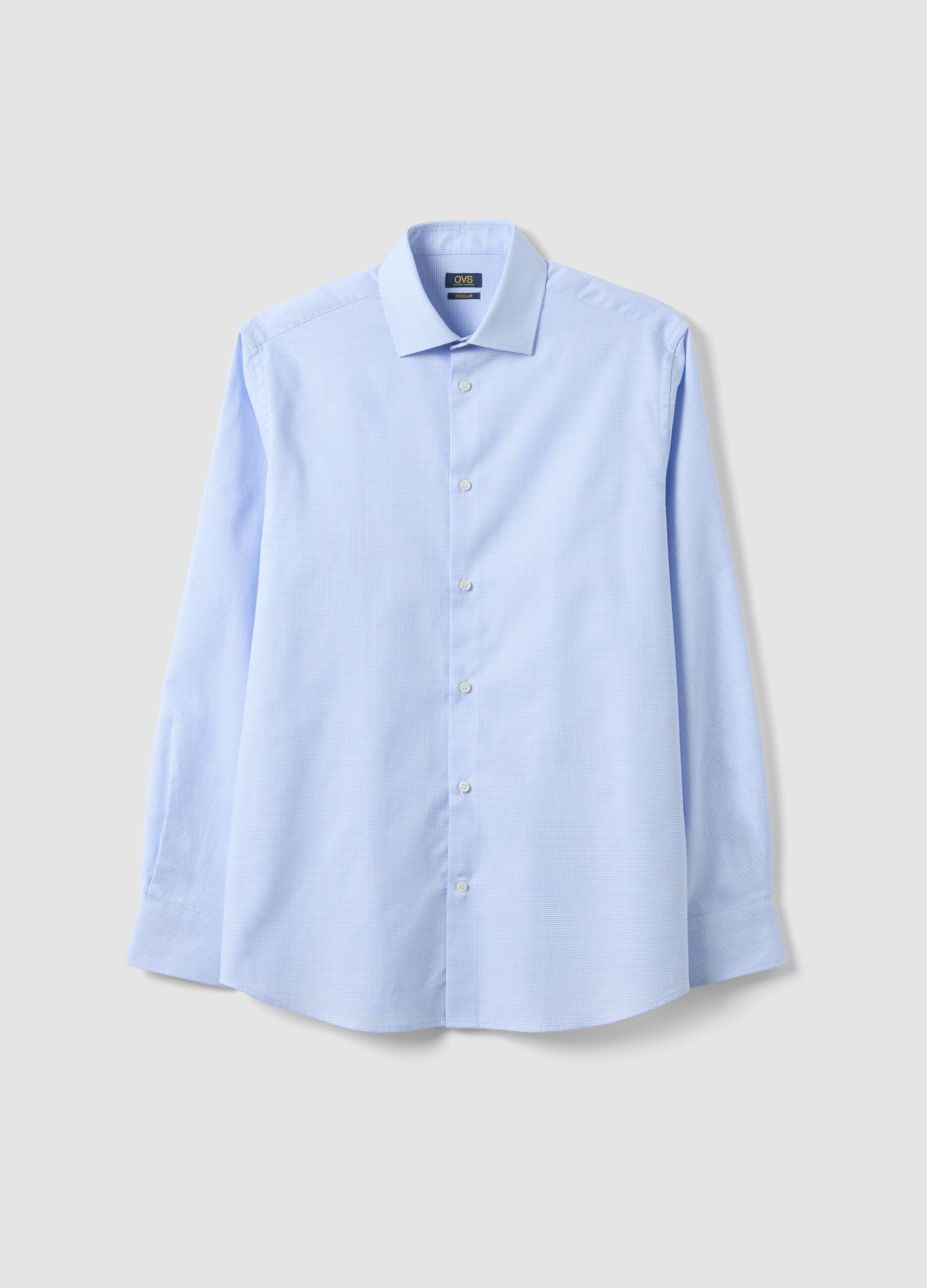 Light blue pure cotton regular fit shirt with micro-checks