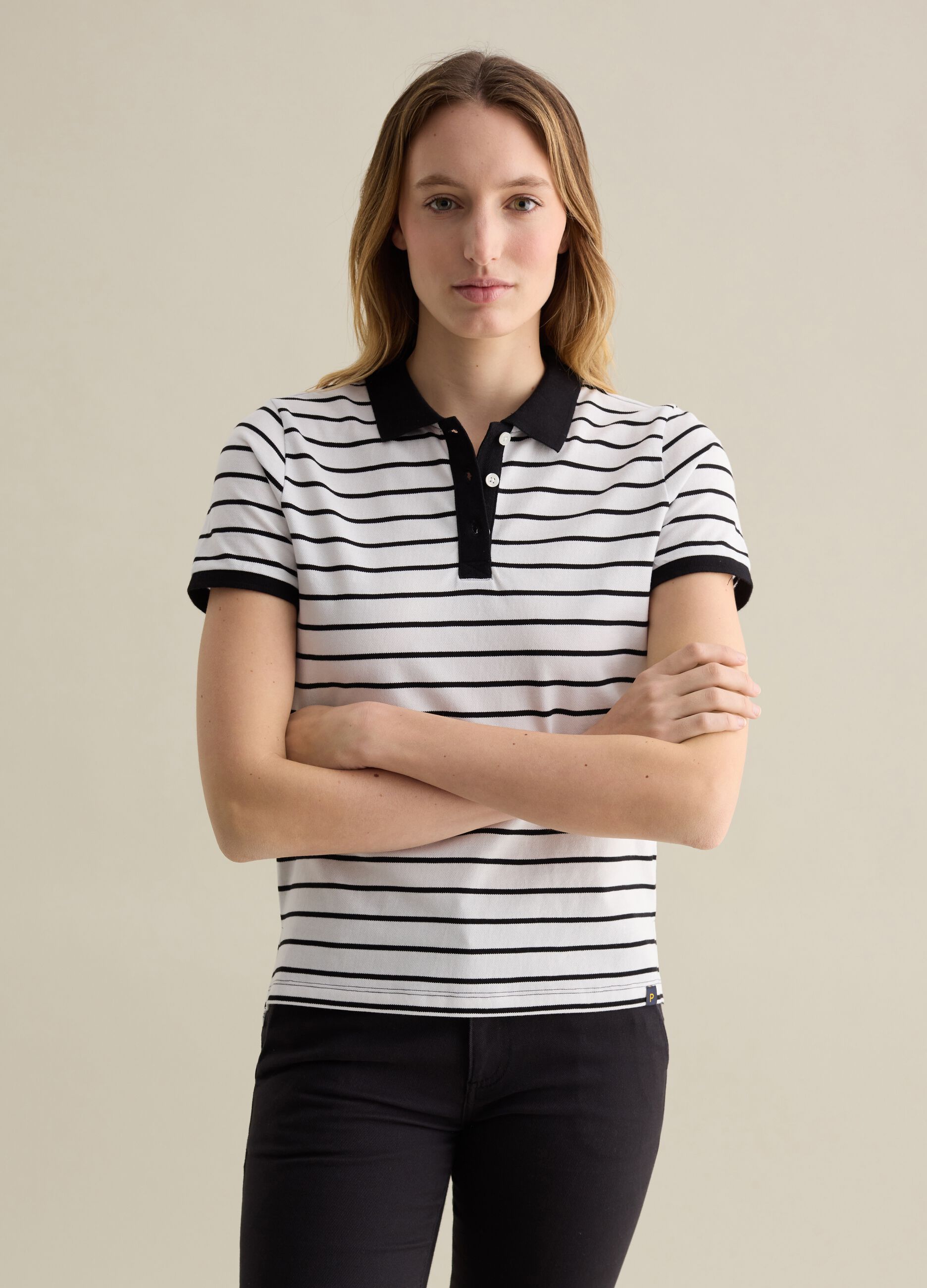 Black and white striped polo shirt in piquet