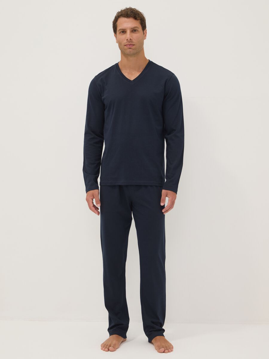 Blauer Pyjama aus reiner Bio-Baumwolle mit V-Ausschnitt, Regular Fit_0