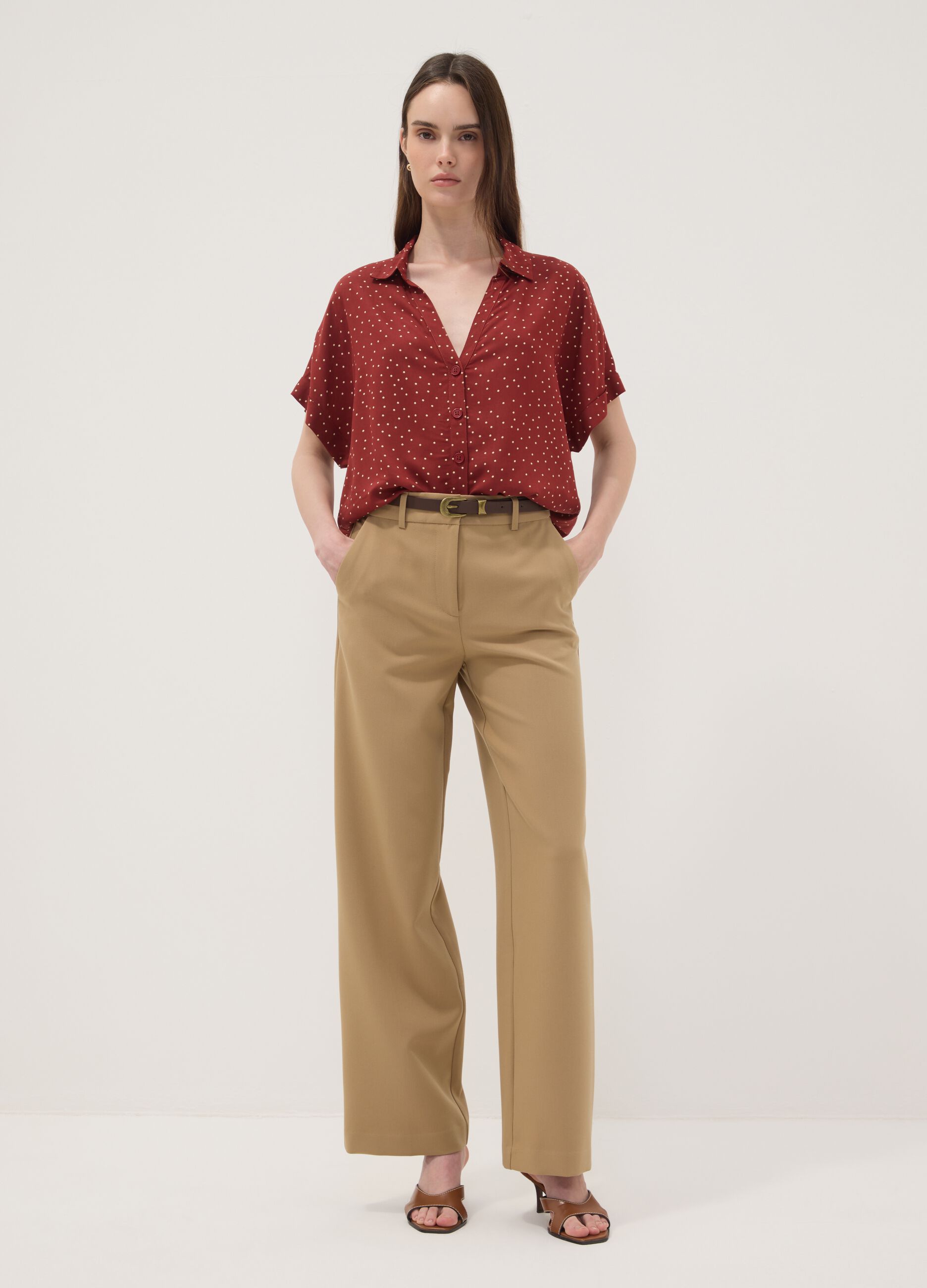 Red polka-dot pure viscose short-sleeved oversized shirt