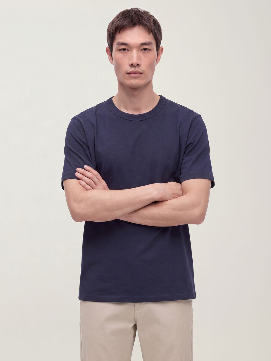 Blue pure cotton crew-neck T-shirt, relaxed fit_0