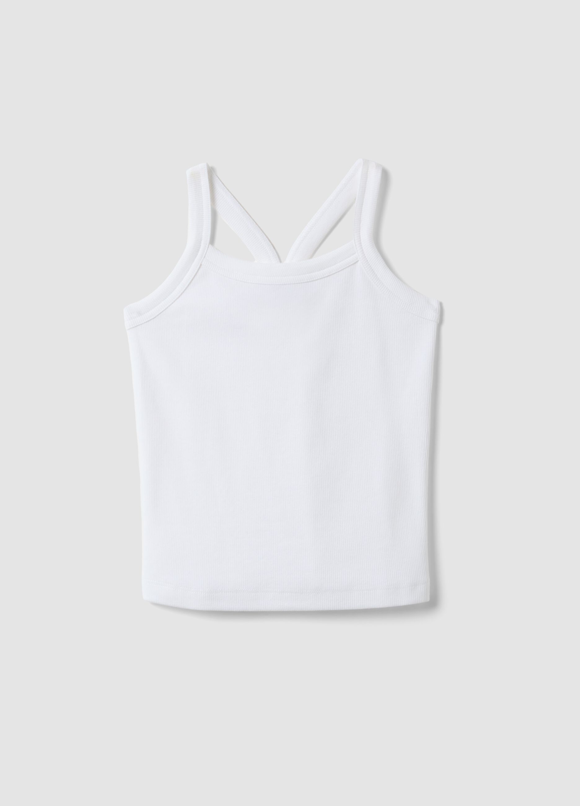 Tank top fitted bianco in cotone elasticizzato a coste da ragazza