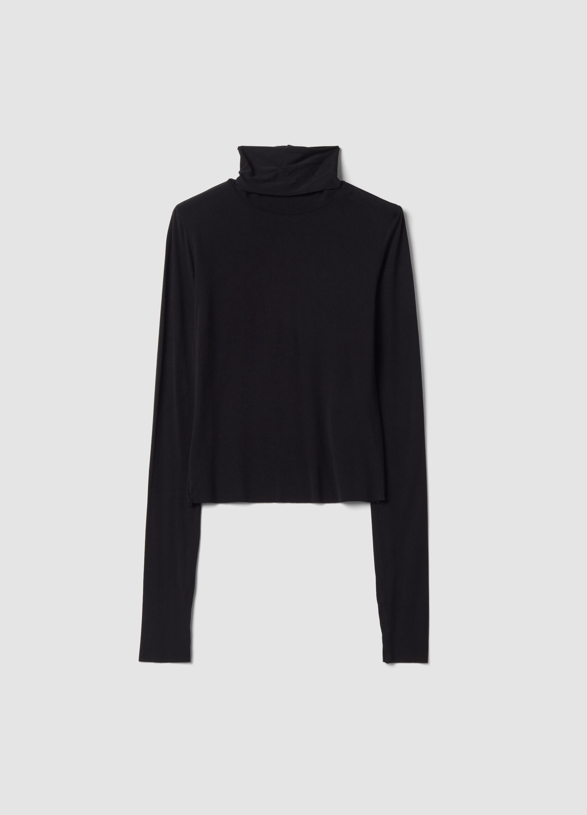Black stretch viscose top with stand-up collar, slim fit