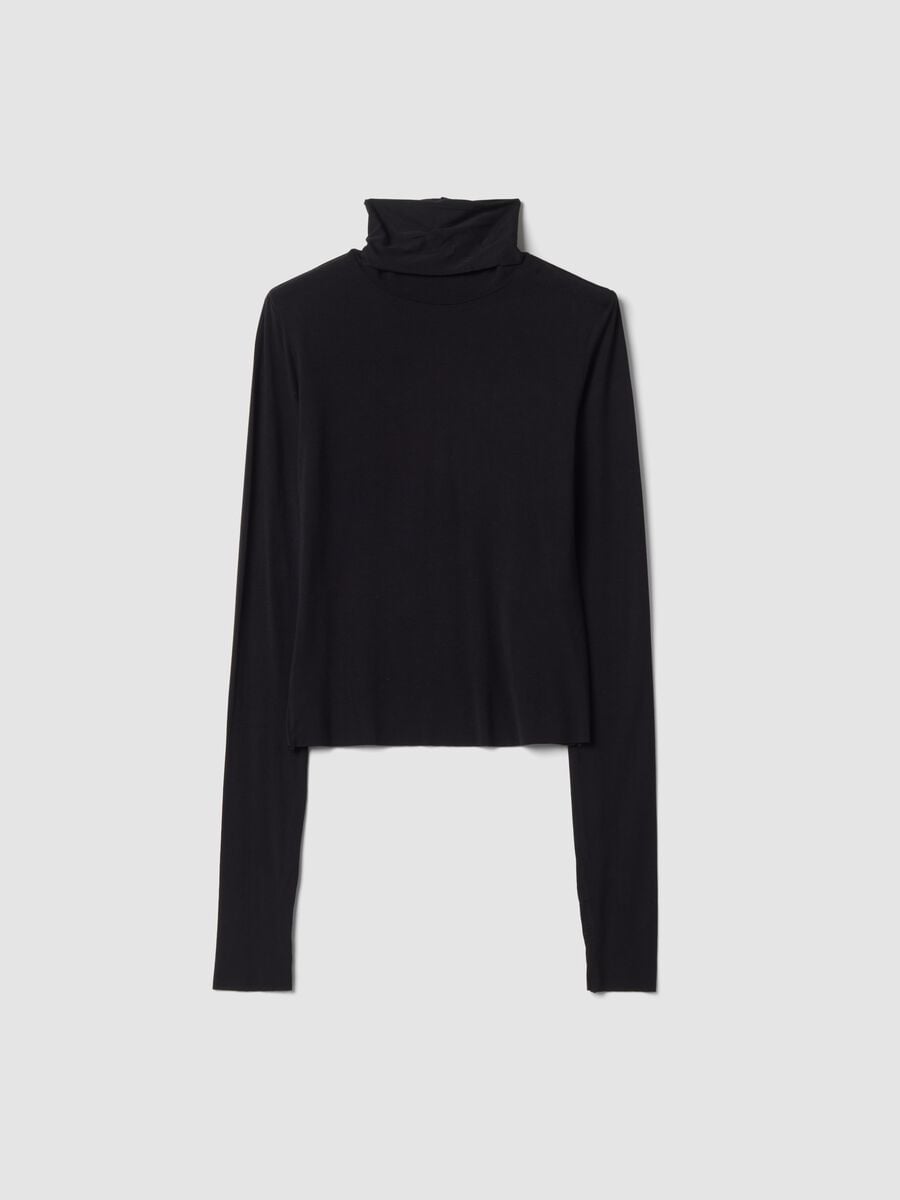 Black stretch viscose top with stand-up collar, slim fit_0