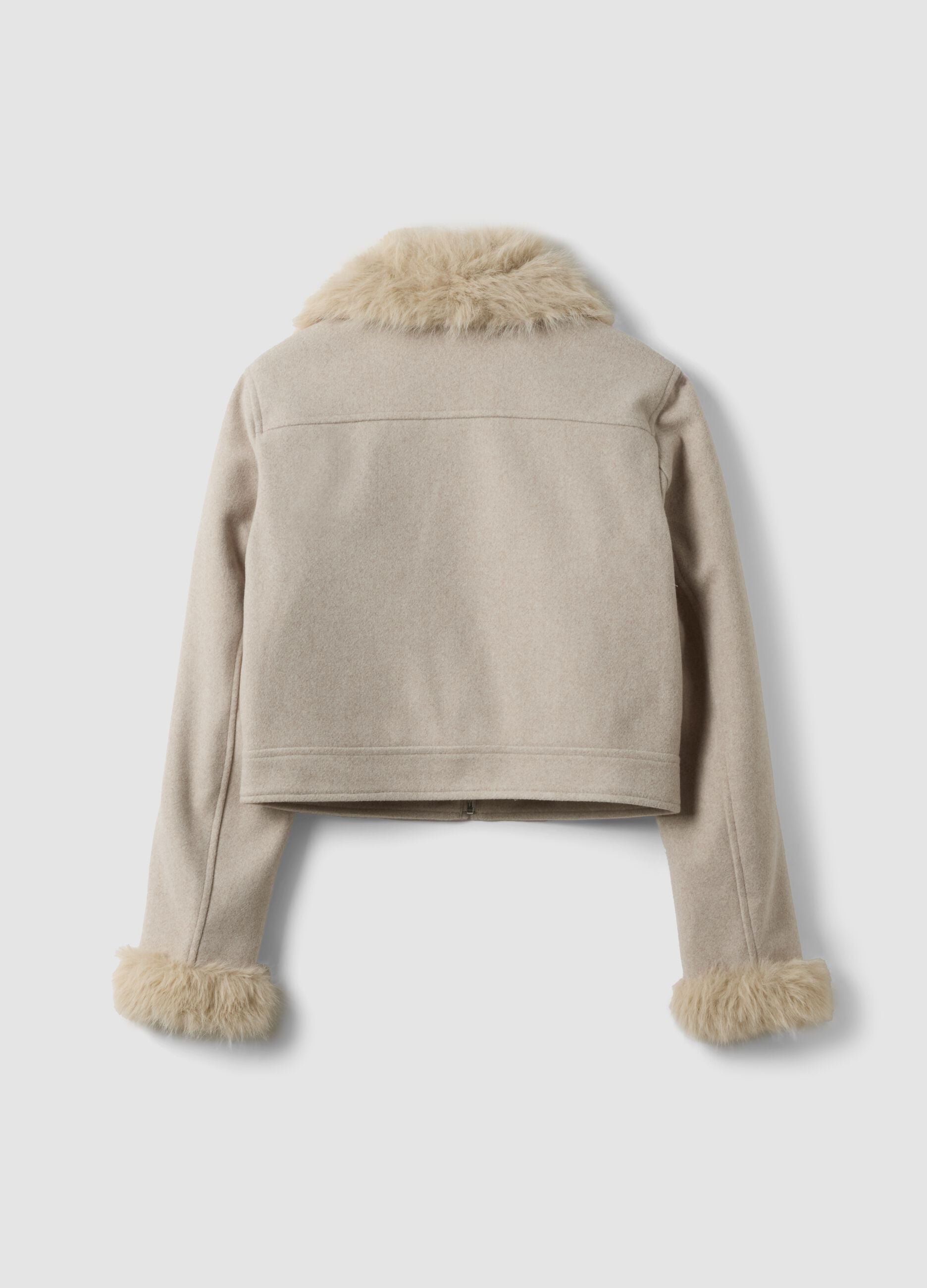 Beige jacket with zip and faux-fur collar