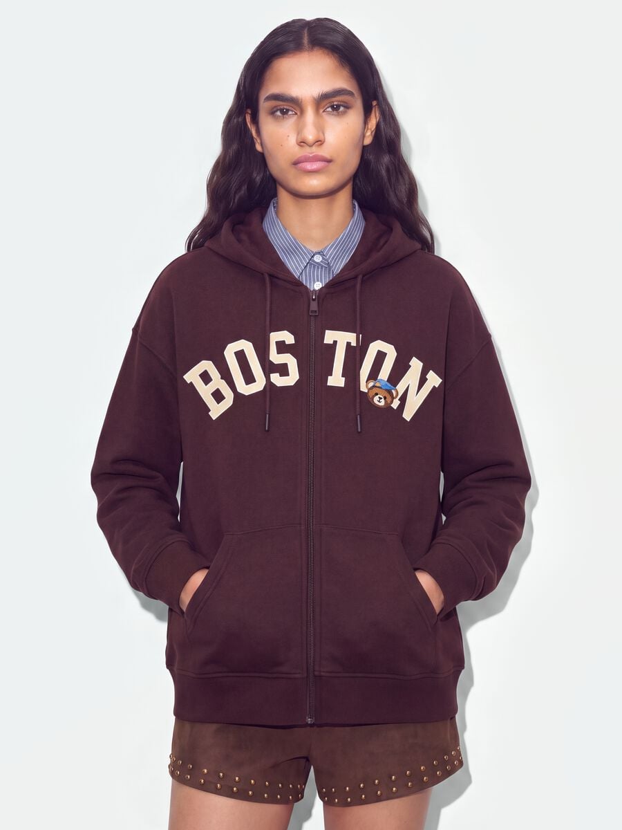 Brown cotton-blend hoodie with "Boston" slogan, relaxed fit_0