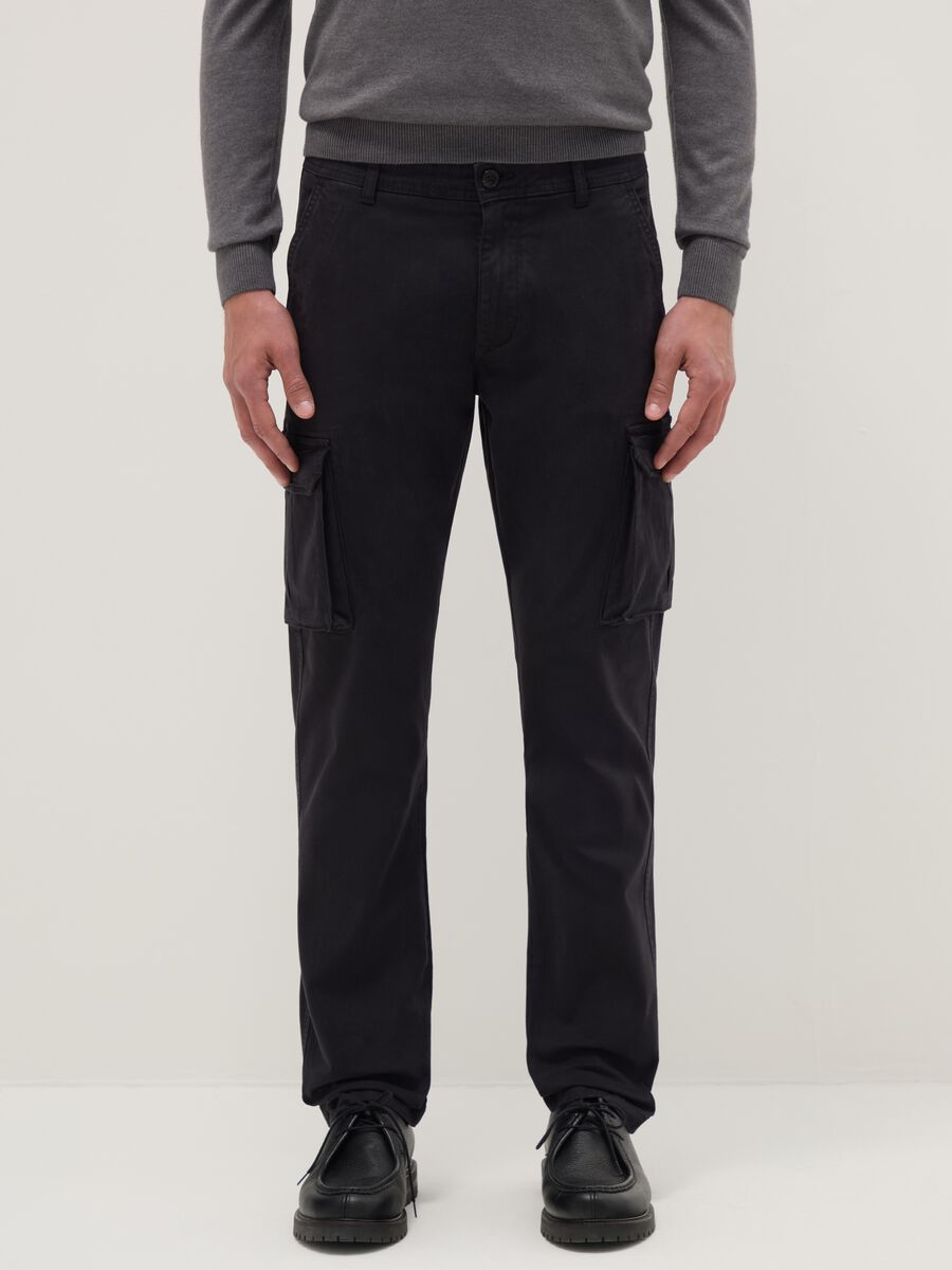 Black slim fit stretch cotton cargo trousers_1