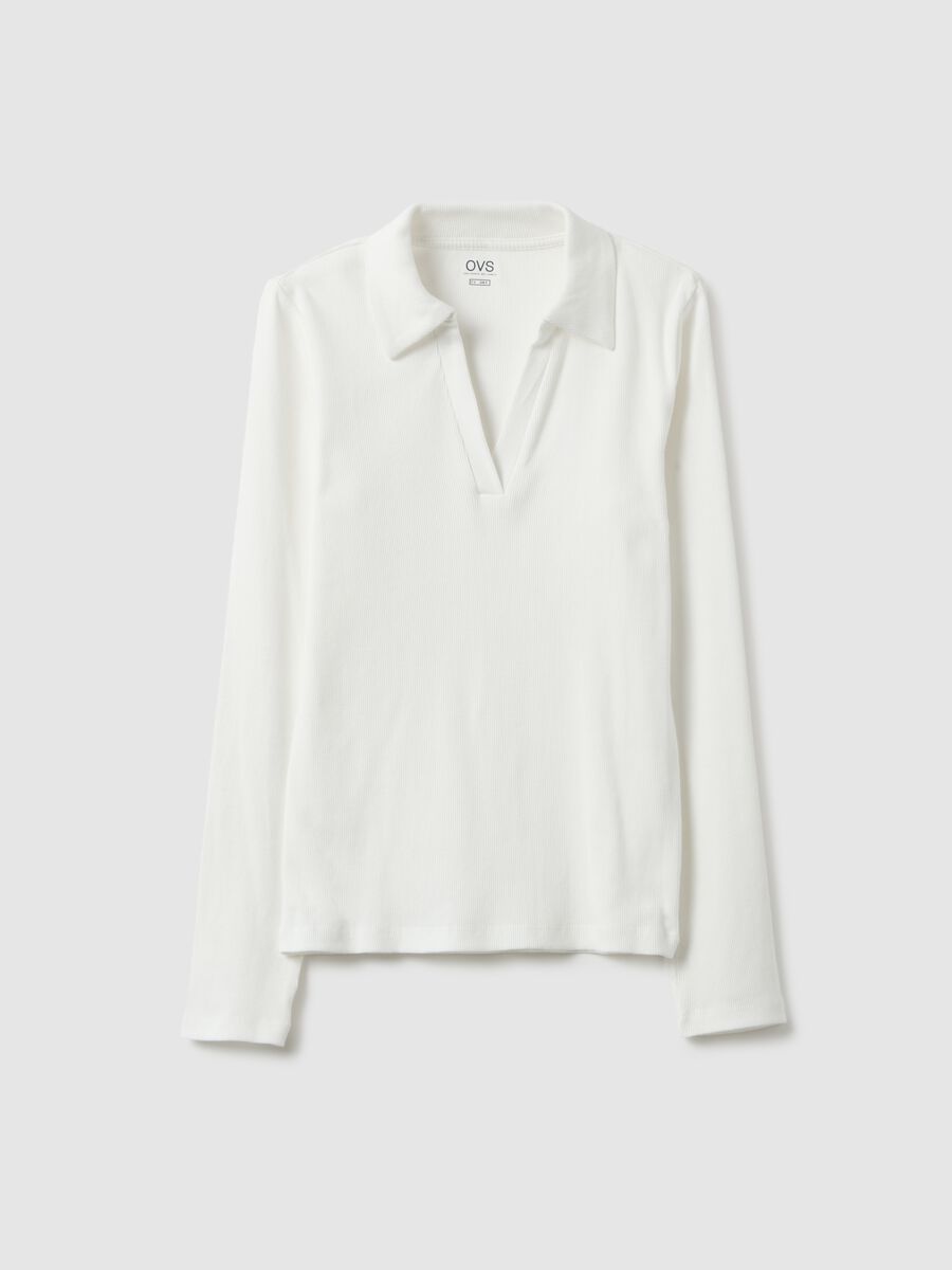 White long sleeve polo with V-neck in pure cotton regular fit_4