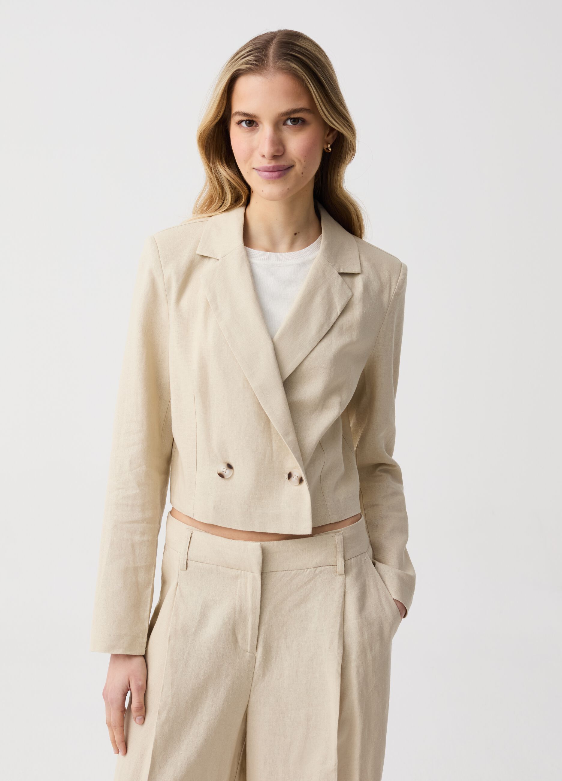 Cropped blazer in linen and viscose
