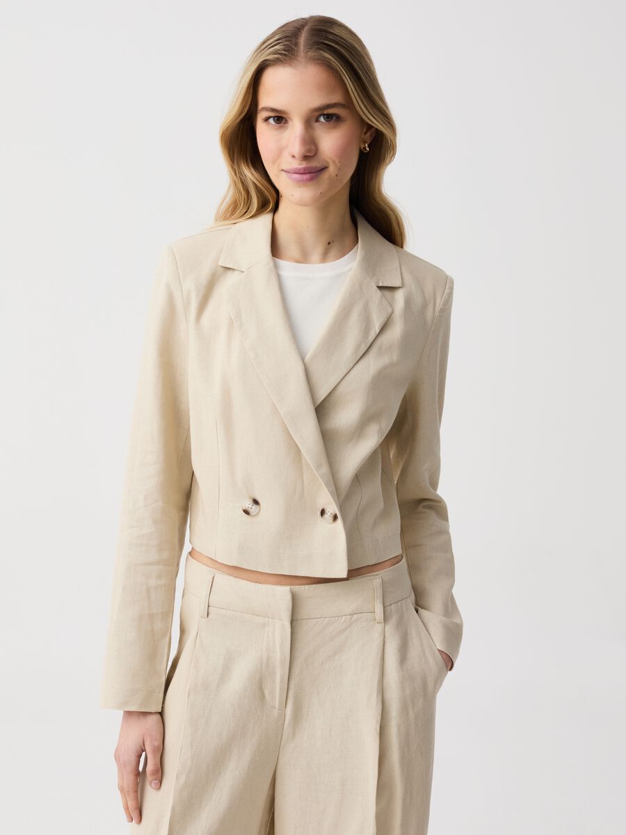 Cropped blazer in linen and viscose_1