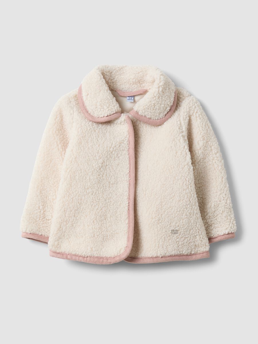 Beige padded teddy-effect jacket with collar and pink trim_0