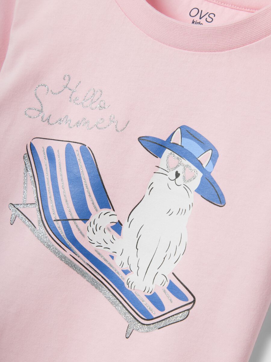 Girls&rsquo; pink organic cotton T-shirt with print and glitter_3