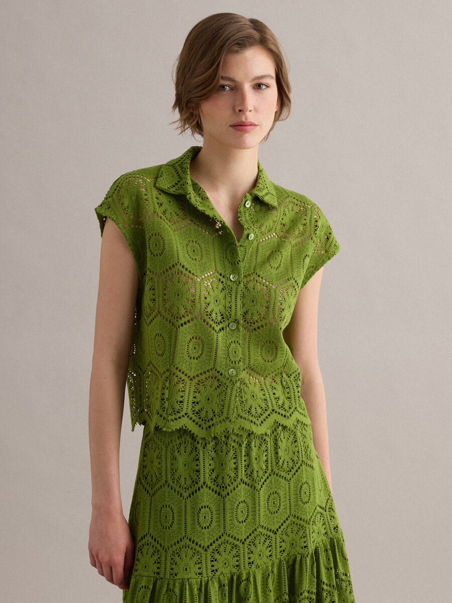 Green crochet polo shirt with classic collar, regular fit_1