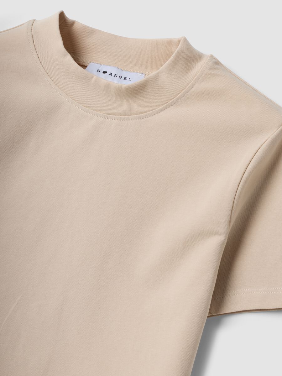 Beige fitted stretch-cotton T-shirt with high neck_6