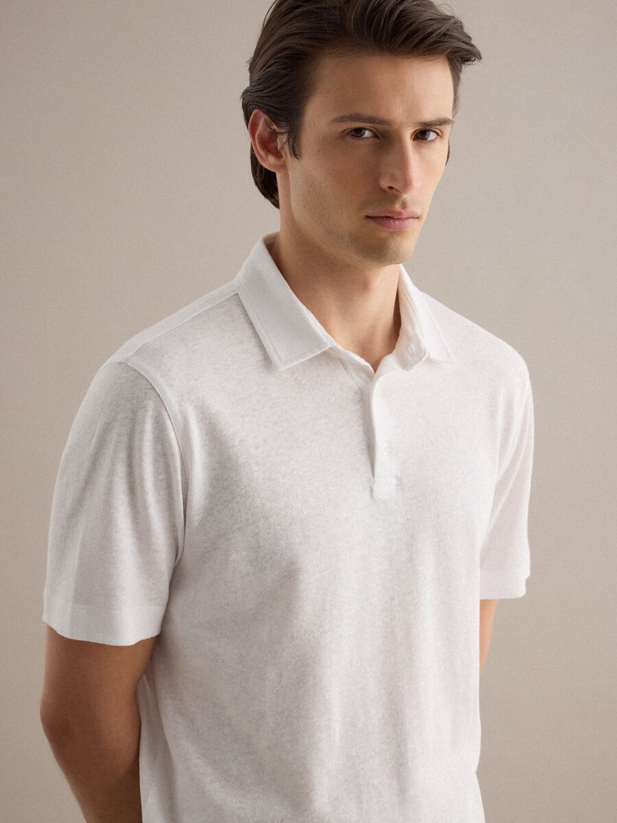 White linen-cotton blend regular fit polo_3