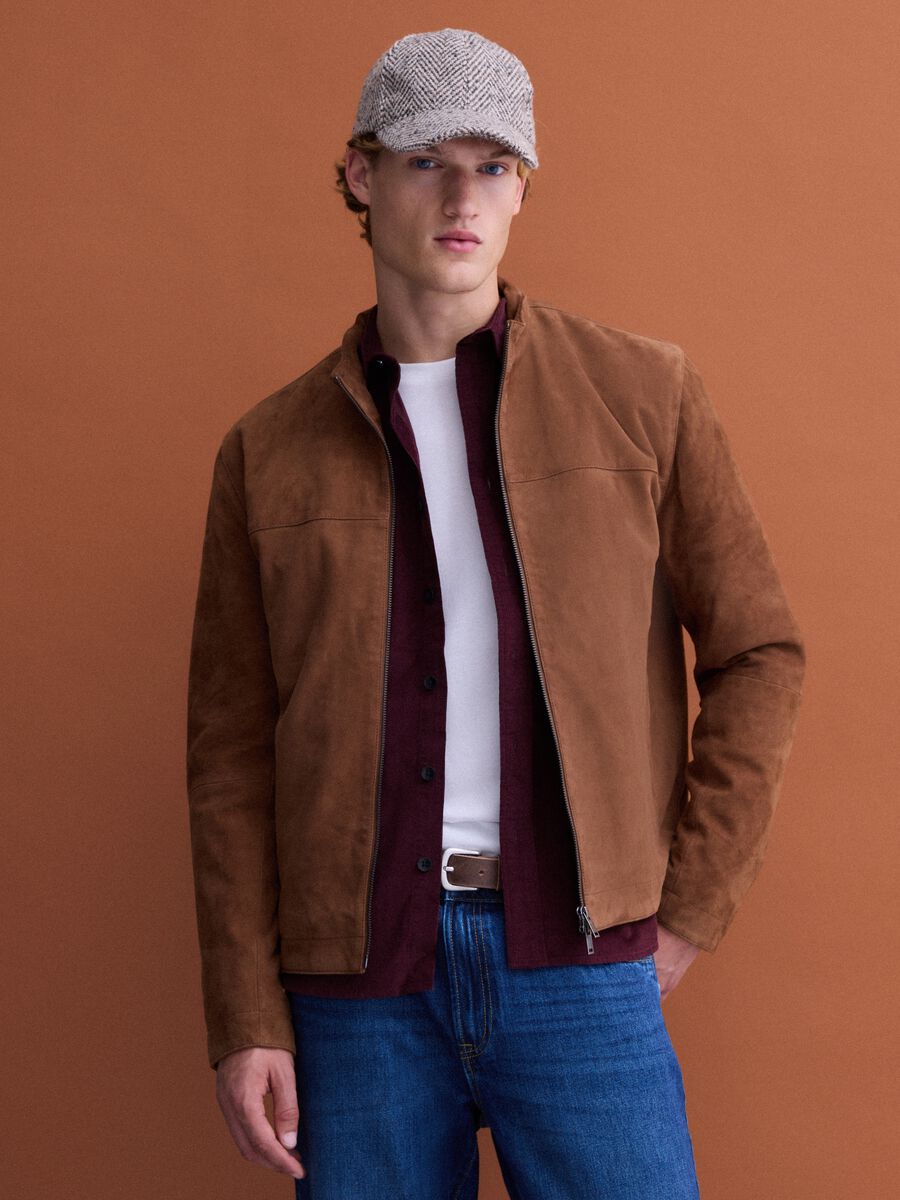 Brown genuine leather jacket with zip, regular fit_0
