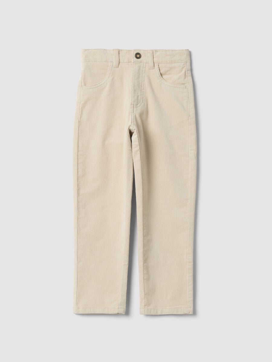 Beige ribbed stretch cotton trousers_0