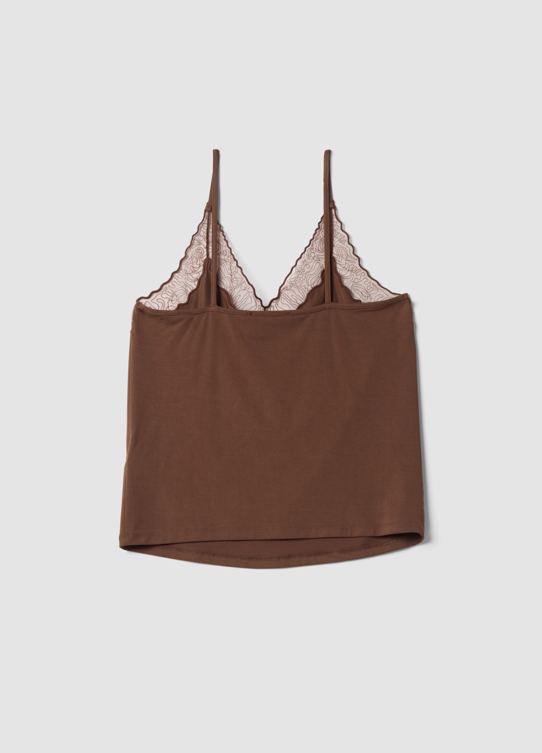 Tank top marrone in viscosa elasticizzata con pizzo e scollo a V