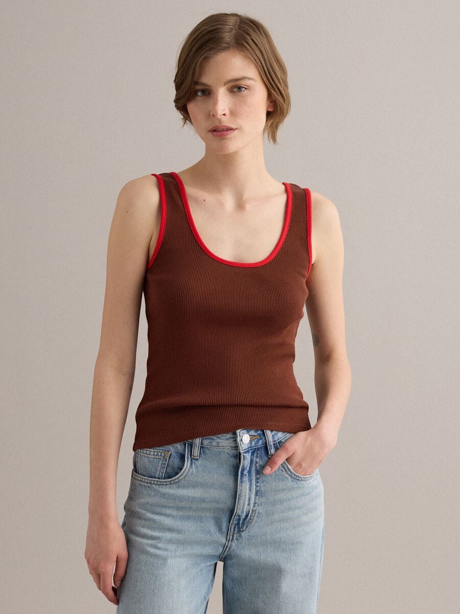 Brown pure cotton ribbed tank top_1