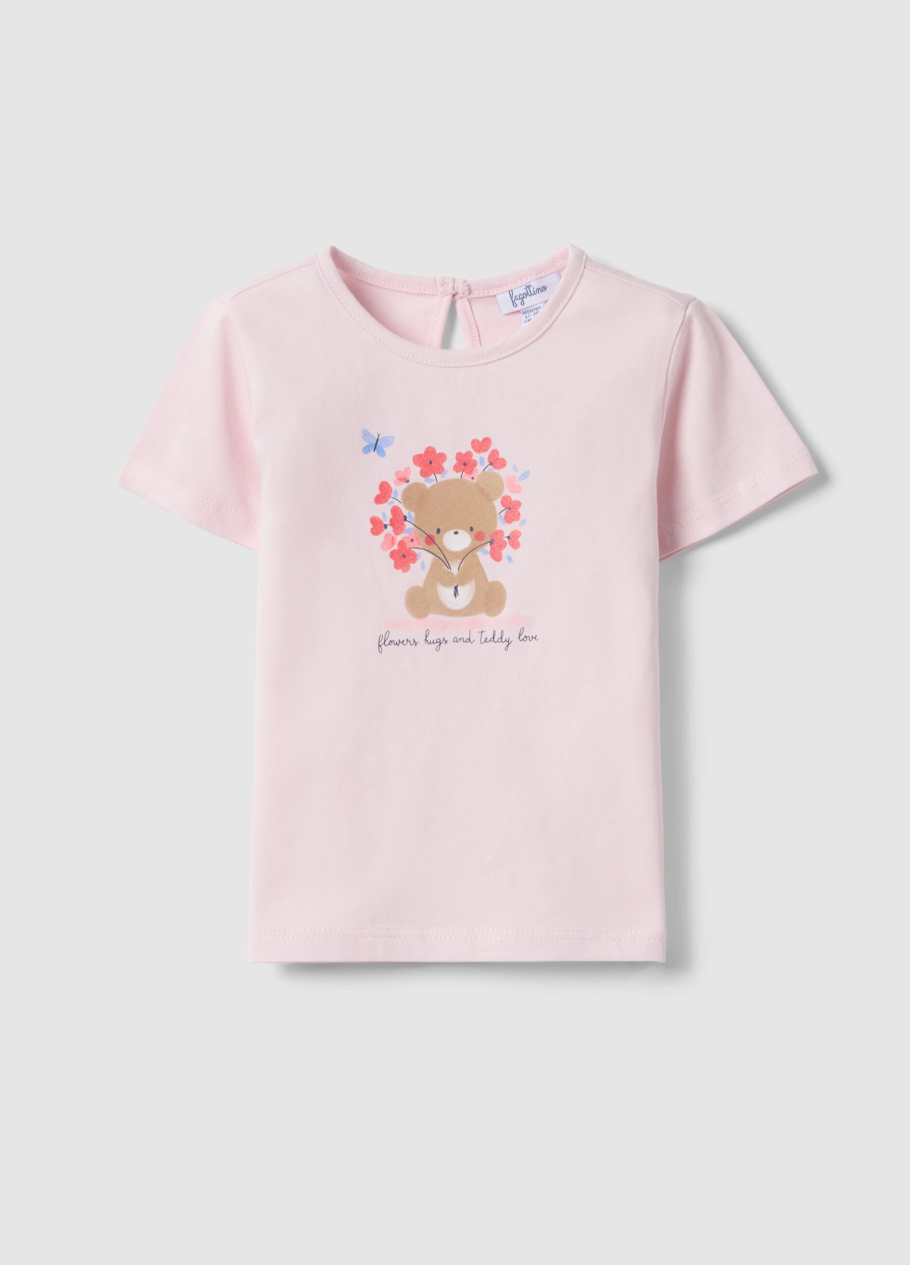 T-shirt rosa de menina em algod&atilde;o puro regular fit com ursinho