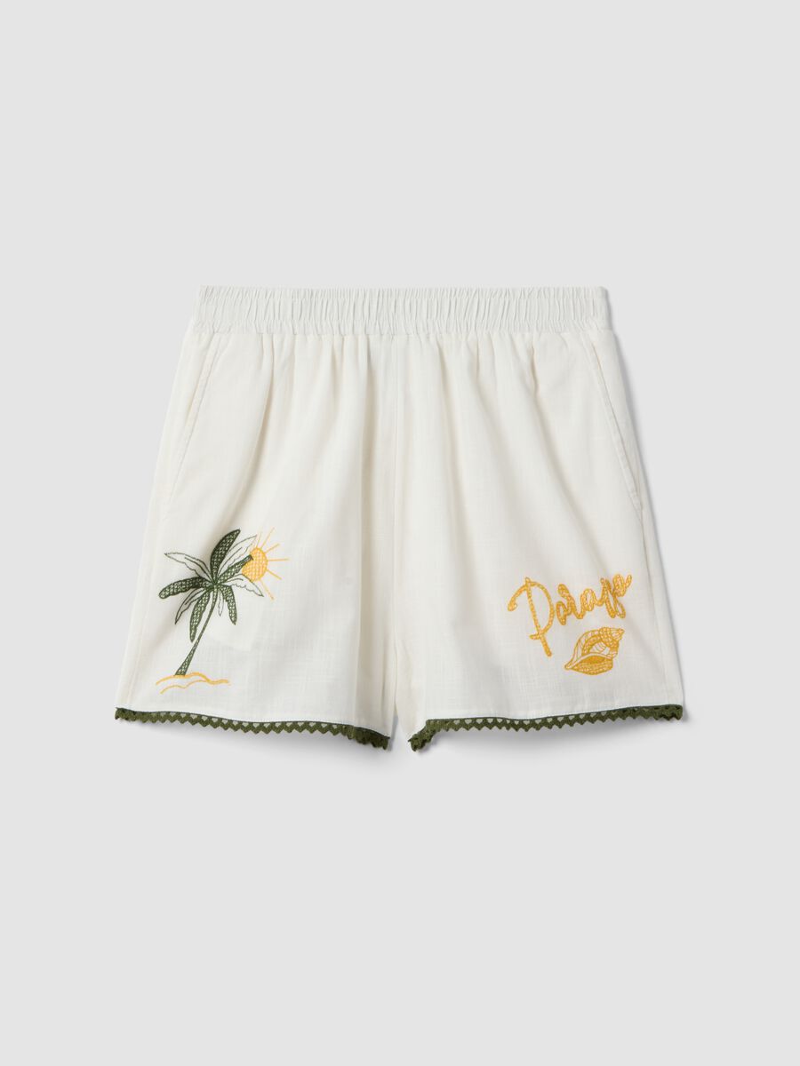 White pure cotton beach shorts with embroidery_0
