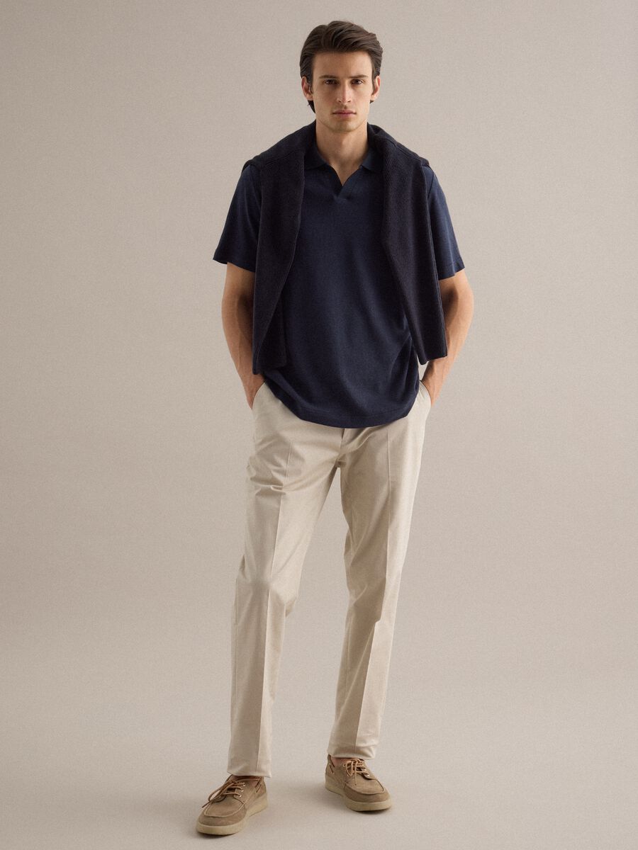 Blue regular fit linen-cotton blend polo_2