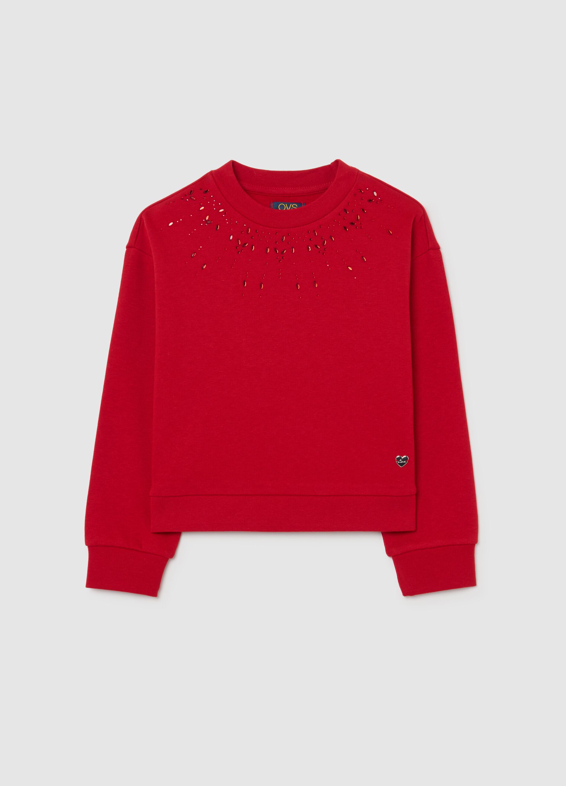 Regular fit red cotton blend girls' sweatshirt with decorated collar