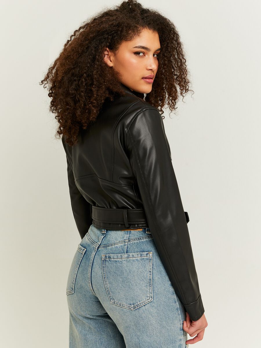 Glossy-effect cropped biker jacket with zip_1