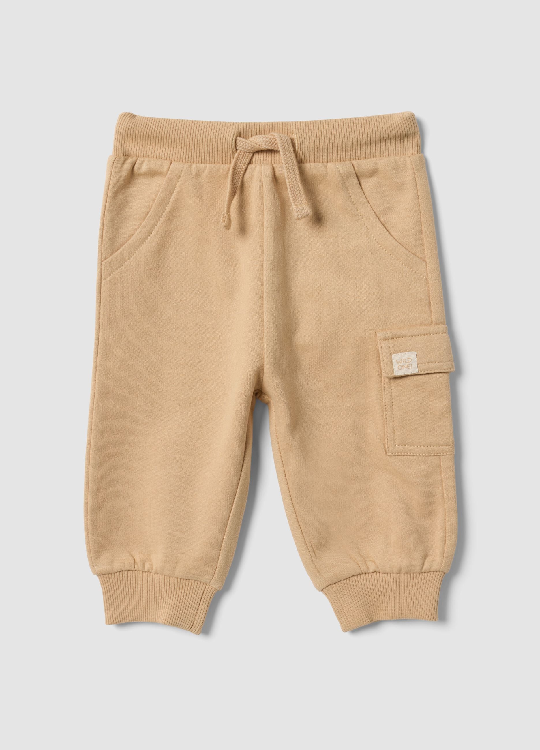 Beige organic cotton cargo trousers with drawstring for baby