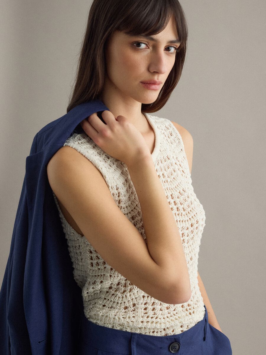 White cotton blend tank top regular fit with mesh texture_0