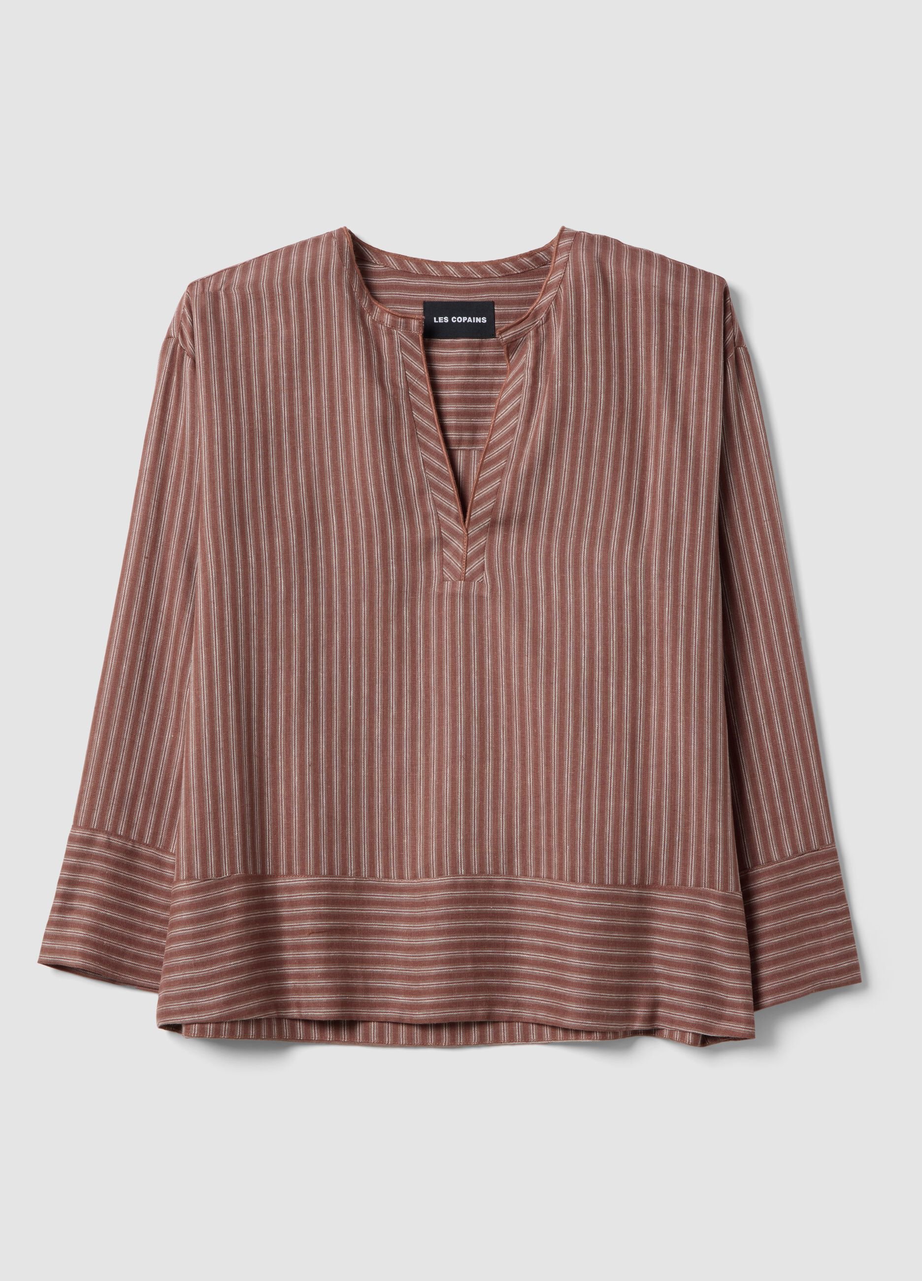 Regular fit multicolour striped linen-blend shirt with a Mandarin collar