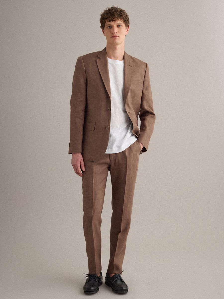 Brown pure linen slim-fit trousers_0