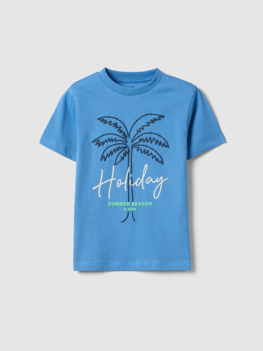Blue cotton boys' regular fit t-shirt with palm print_0