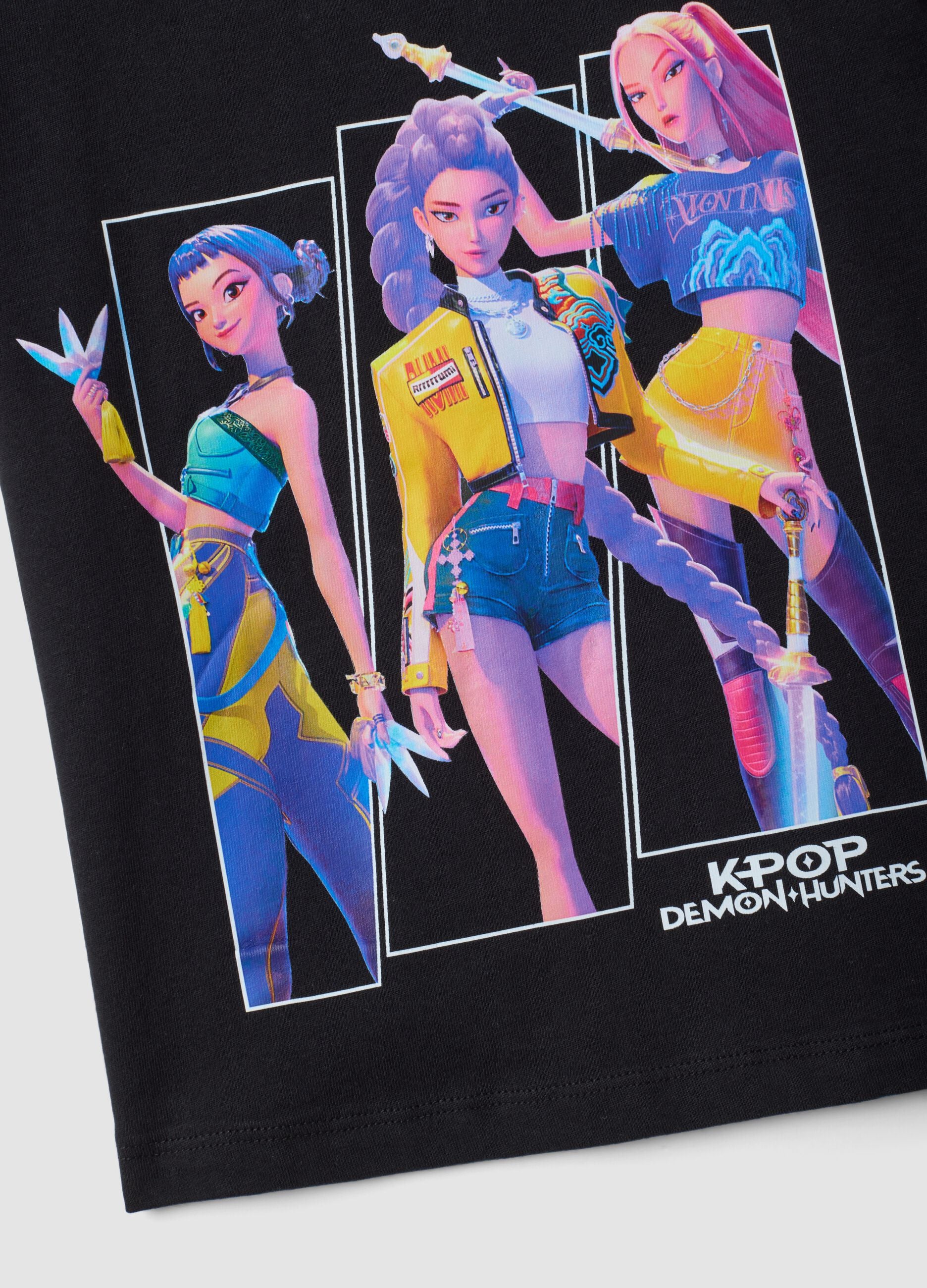 Schwarzes T-Shirt aus reiner Baumwolle mit K-Pop Demon Hunters Print f&uuml;r M&auml;dchen