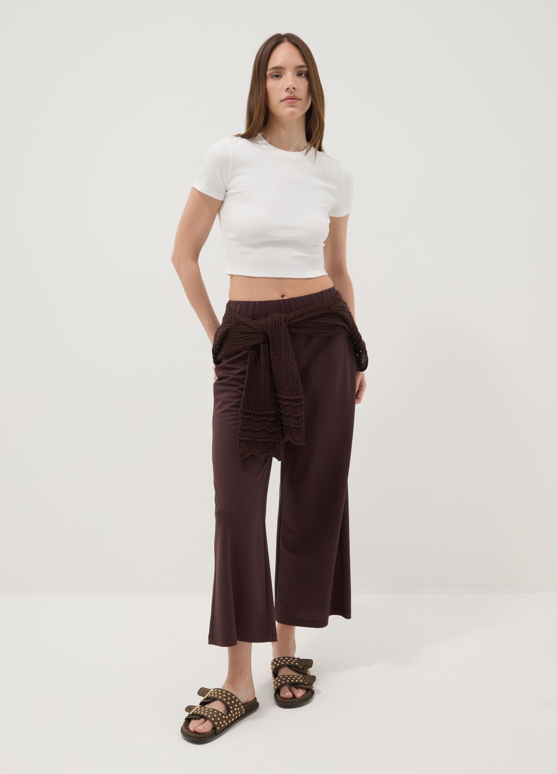 Brown viscose-blend culotte trousers
